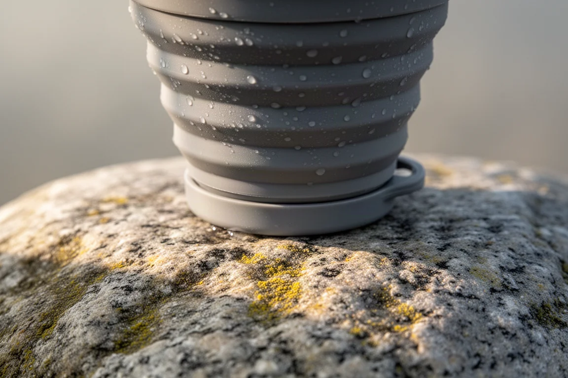 Close-up da base rígida de uma caneca dobrável apoiada sobre um matacão de granito