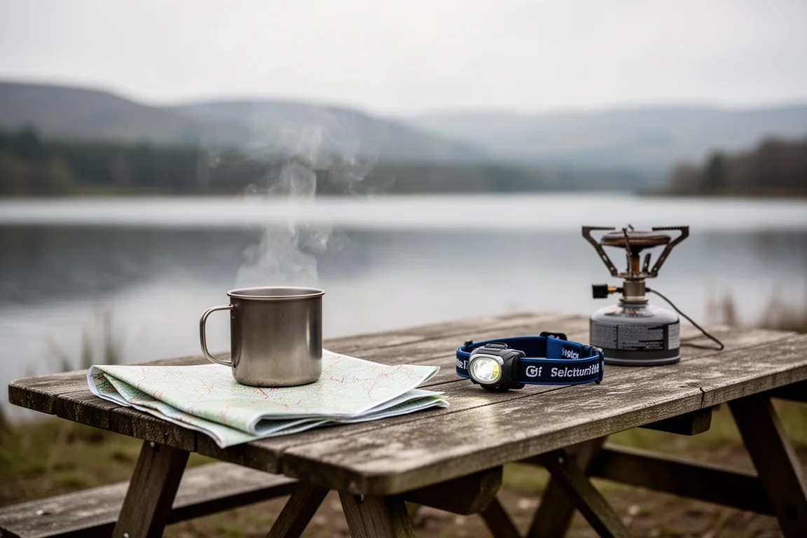 Vapor saindo de uma caneca sobre mesa de piquenique à beira do lago, com mapa e fogareiro