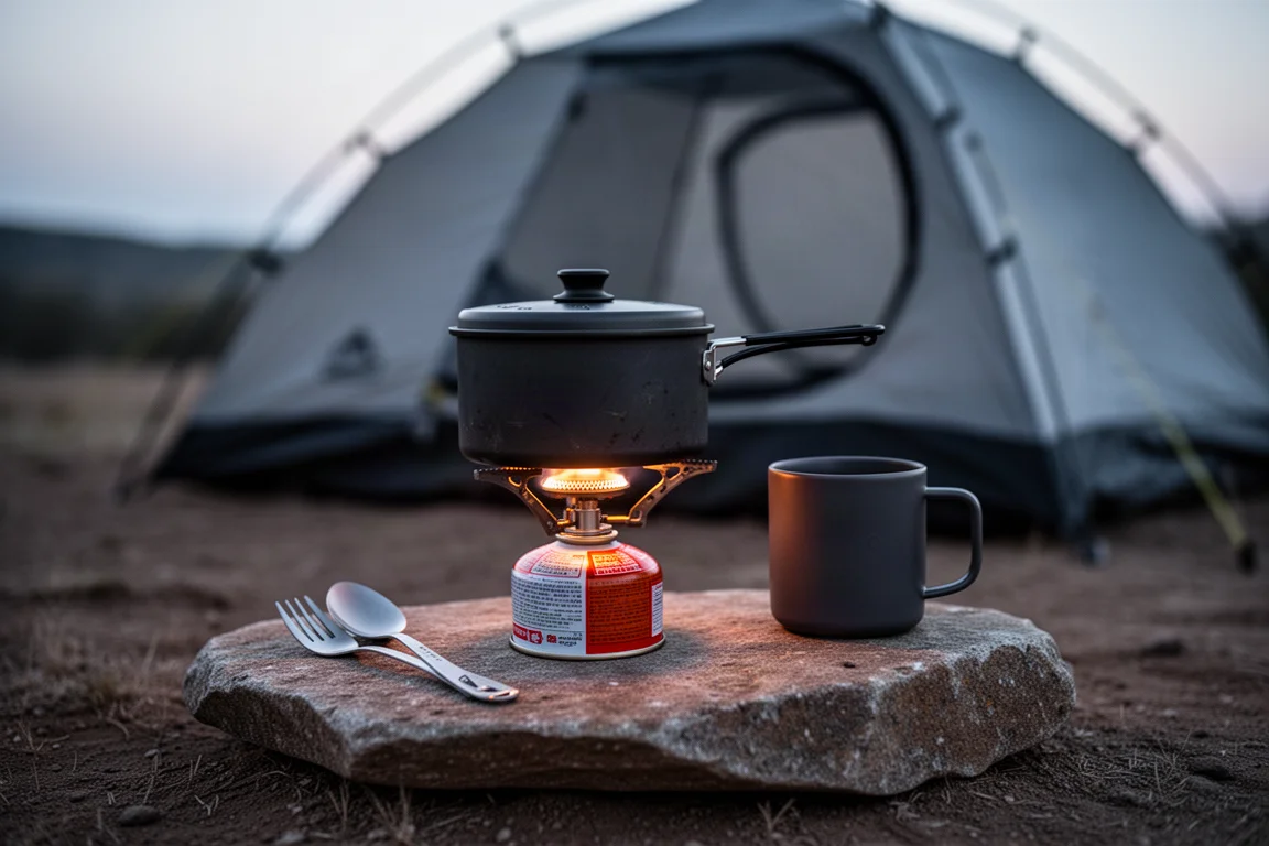 Campingküche in der Dämmerung mit einem Topf mit Deckel auf einem kleinen Gaskocher neben einem leichten Zelt
