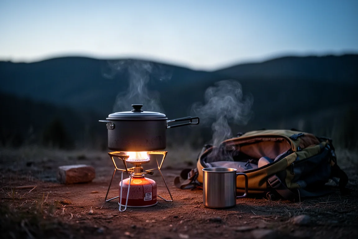 Abendlicher Campingplatz mit einem kleinen Gaskocher unter einem Topf mit Deckel und einem offenen Rucksack