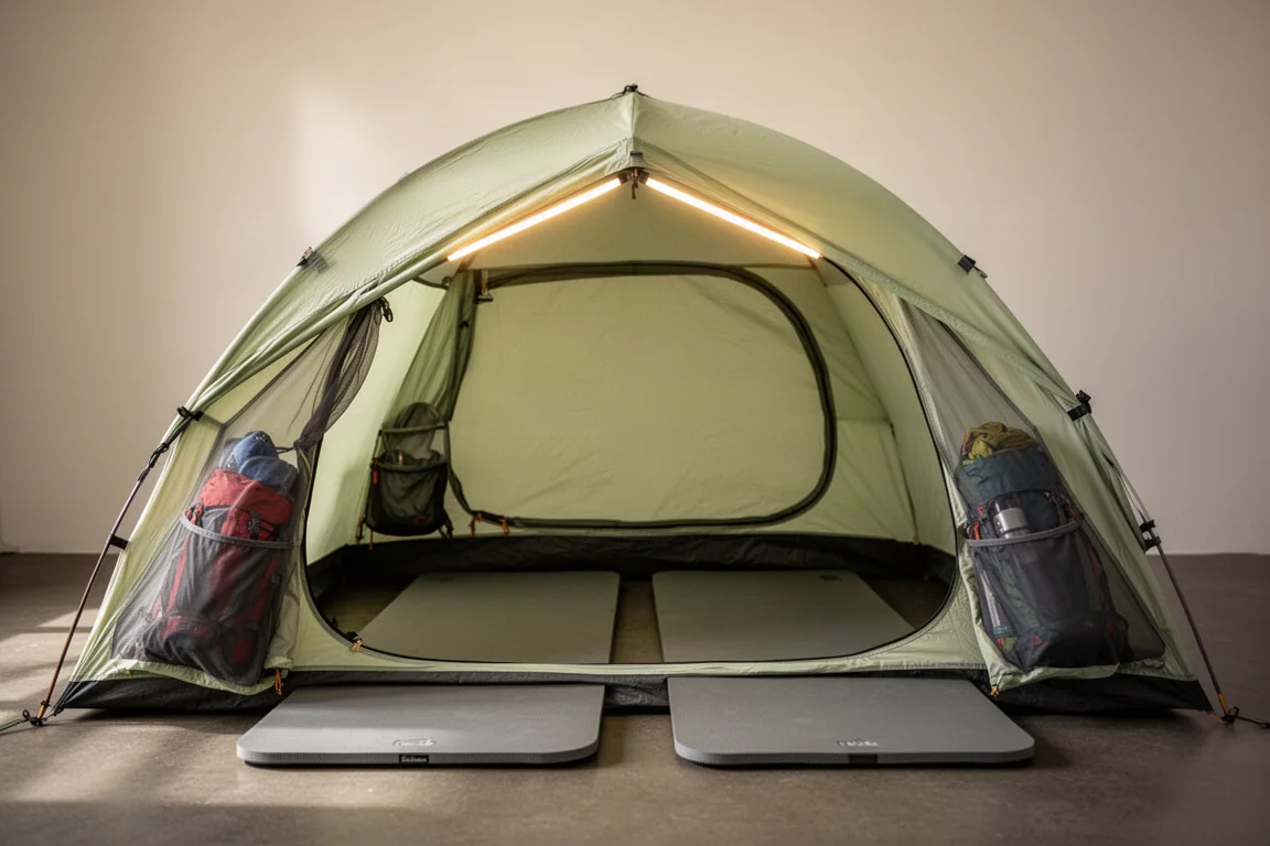 Interno di una tenda da backpacking con due materassini rettangolari e una barra luminosa accesa