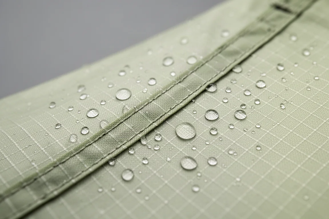 Primo piano di gocce d'acqua sul tessuto ripstop a bassa elasticità del sovratelo della tenda