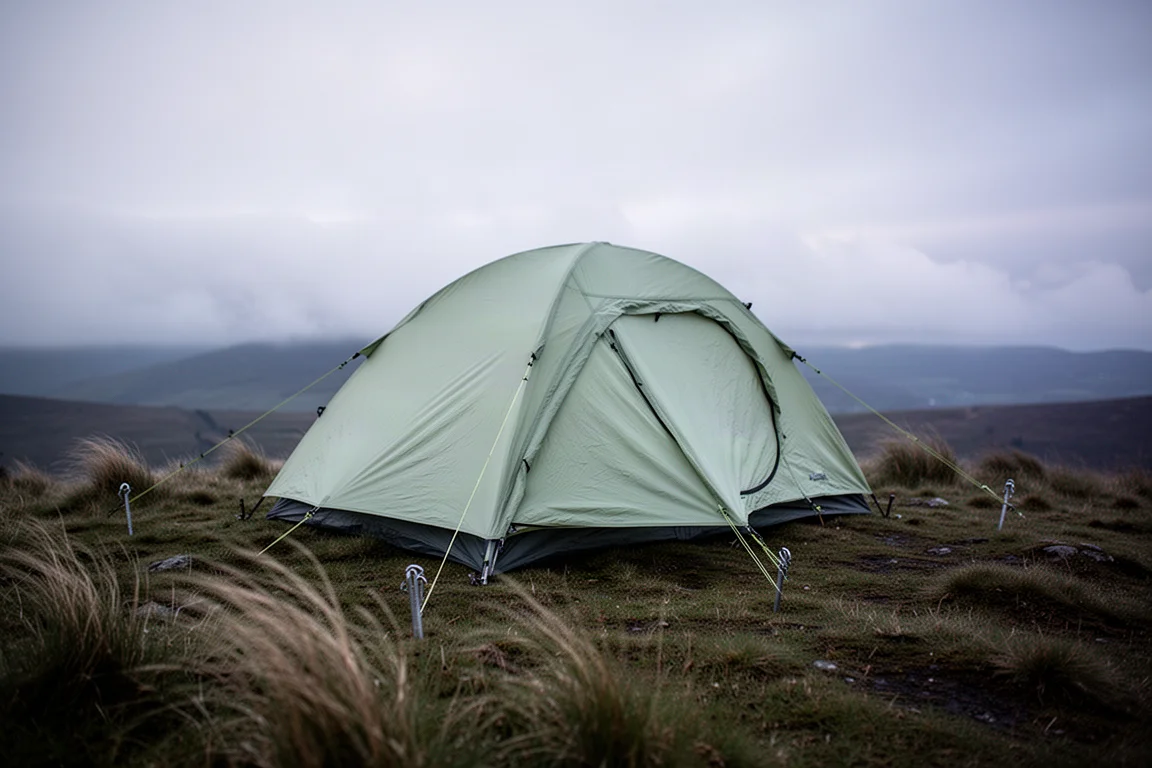 Tenda da backpacking montata su un crinale esposto con tiranti in tensione sotto vento forte
