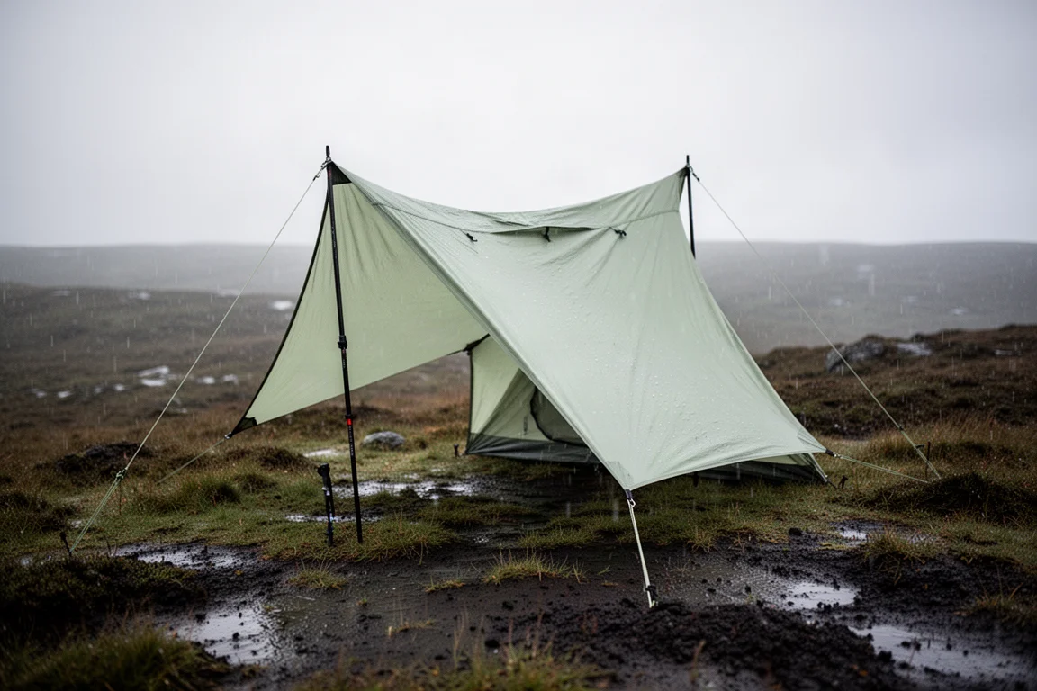 Sovratelo della tenda sollevato con bastoncini da trekking come riparo su un pendio sotto la pioggia