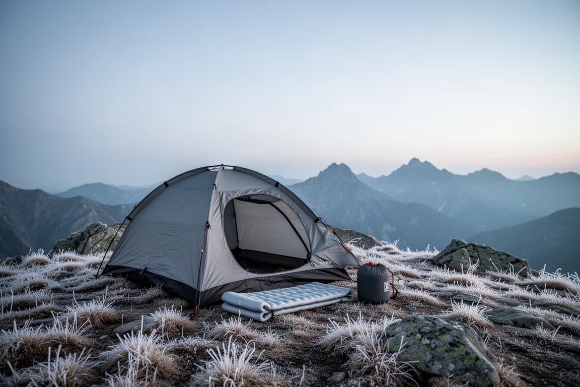 Backpacking tent pitched on an alpine ridge at dusk with frost on the ground