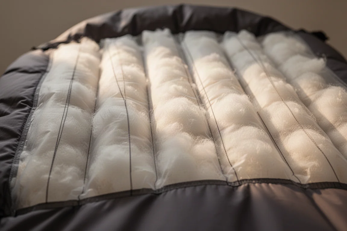 Close-up of a down sleeping bag shell showing vertical baffle channels and lofted down