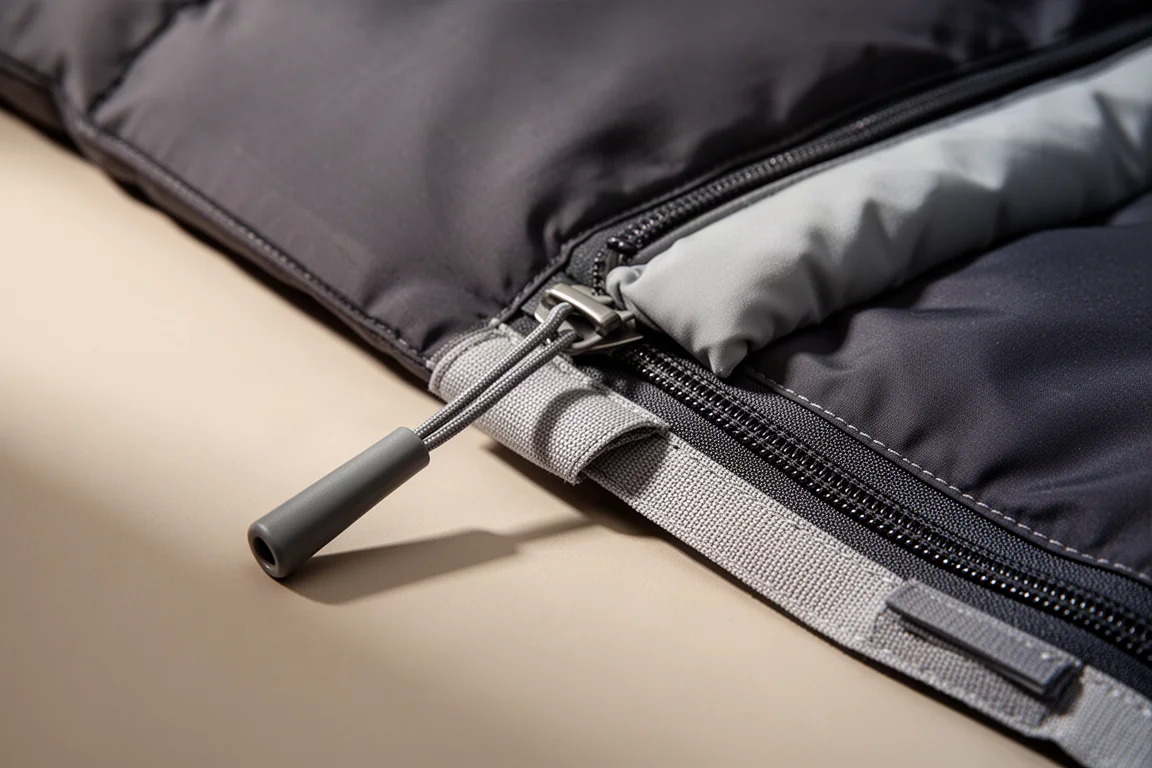 Close-up of a sleeping bag zipper track and padded draft tube on dark technical fabric