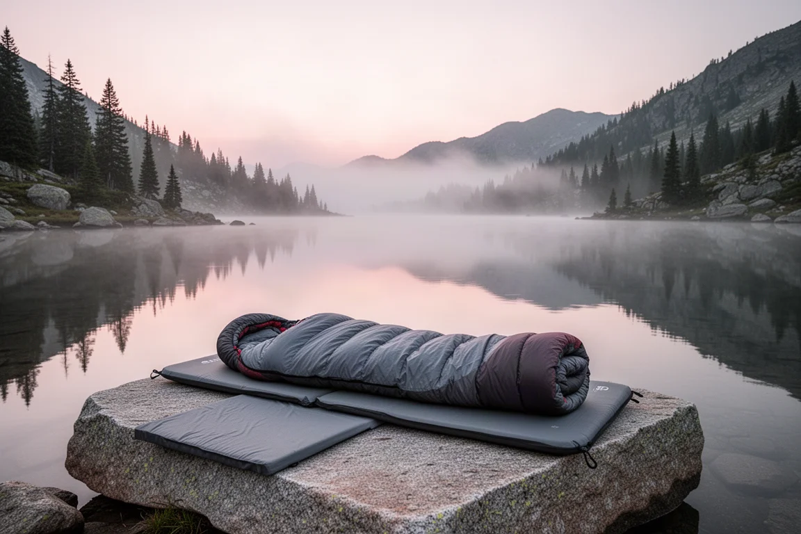 Sleeping pad and rolled sleeping bag on granite beside an alpine lake at sunrise