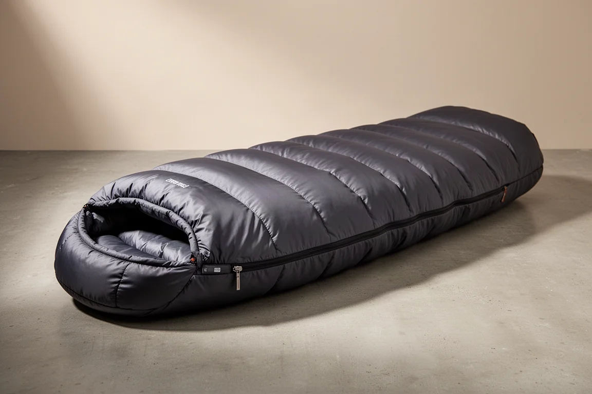 Charcoal mummy-style down sleeping bag partially unrolled on a concrete surface