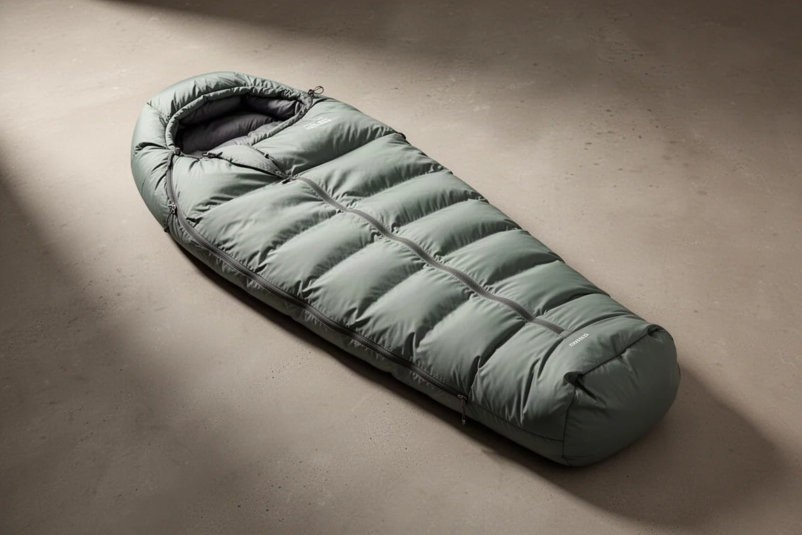 Lofted charcoal and olive mummy down sleeping bag on a concrete surface