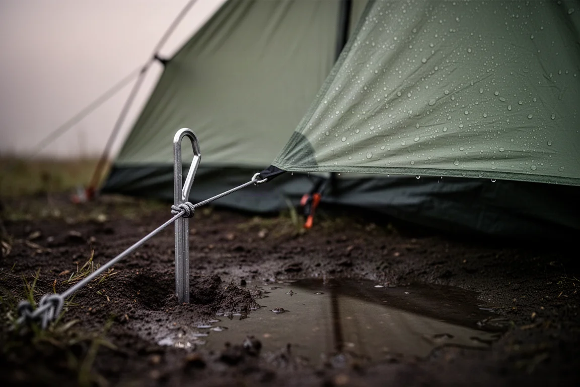 Zusammengerollter Packsack neben Trekkingstöcken und Campingkocher auf verwittertem Fels