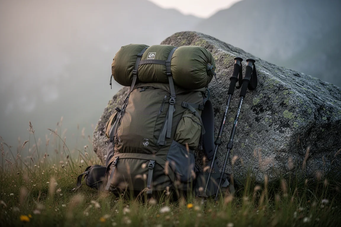 Freistehendes Trekkingzelt, das in der Dämmerung auf einem Bergrücken von einer Innenlampe beleuchtet wird