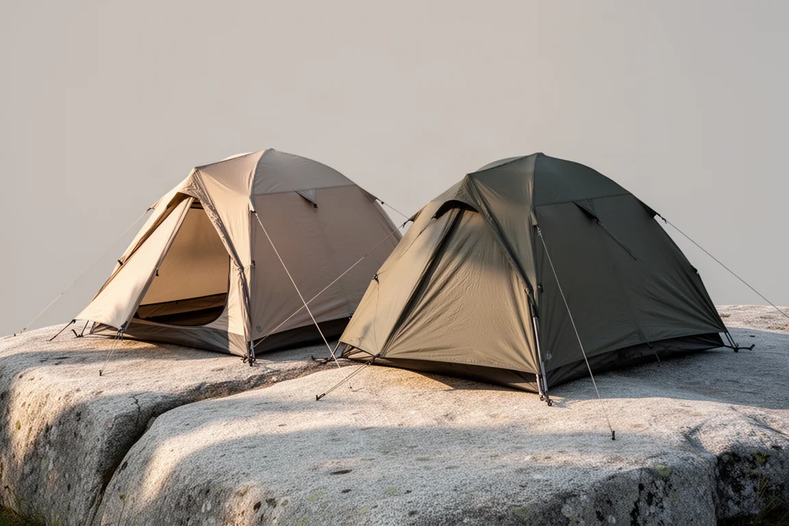 Two freestanding backpacking tents pitched side by side on granite in late afternoon light