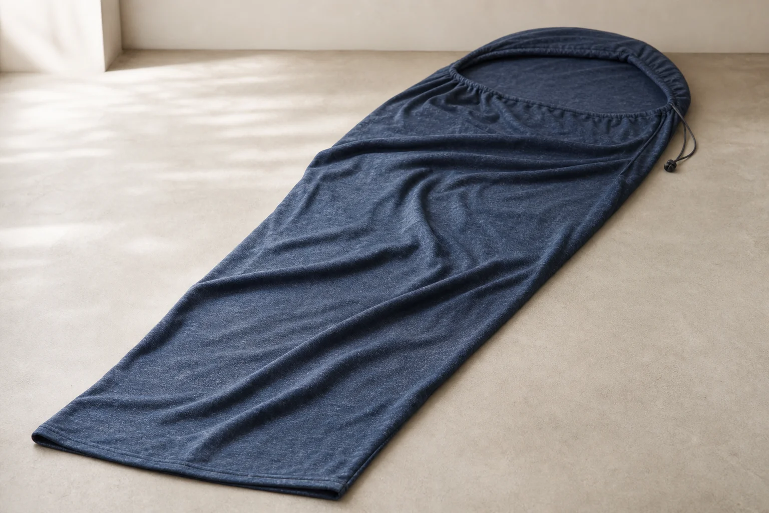 Layered sleep system components displayed flat showing mat, liner, bag, and bivvy