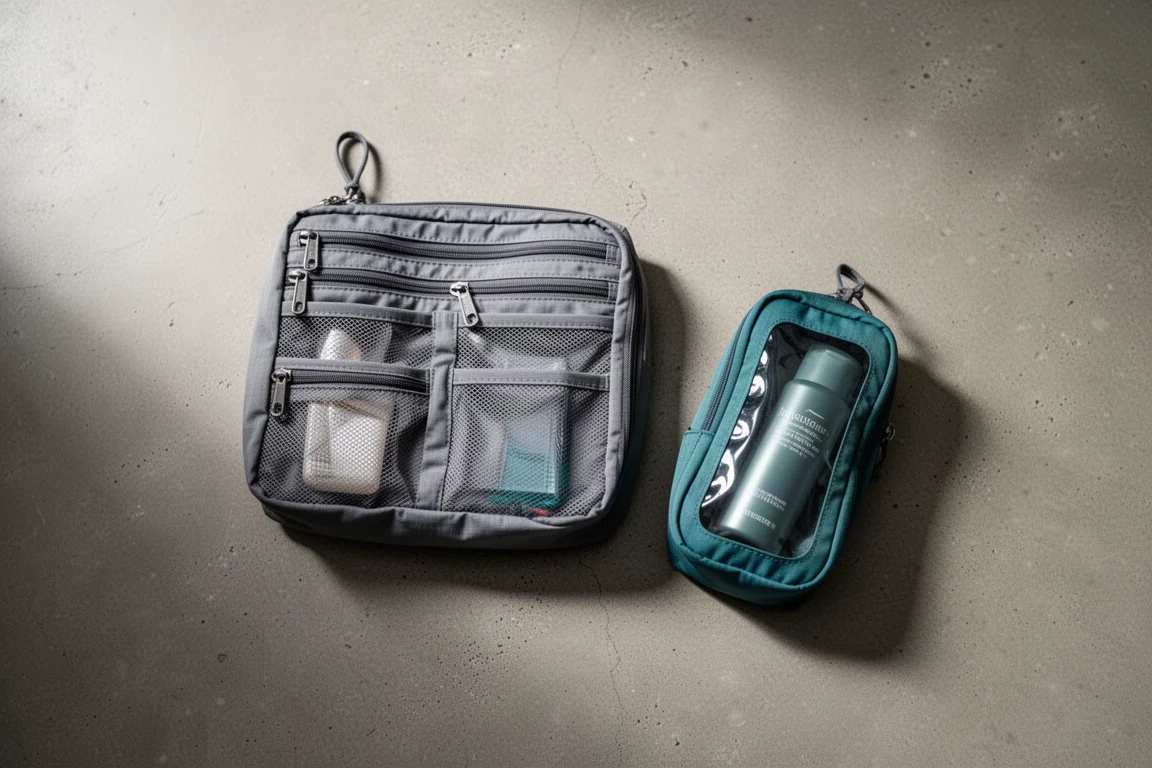Pochettes de toilette ultralégères en ripstop disposées sur une surface en béton