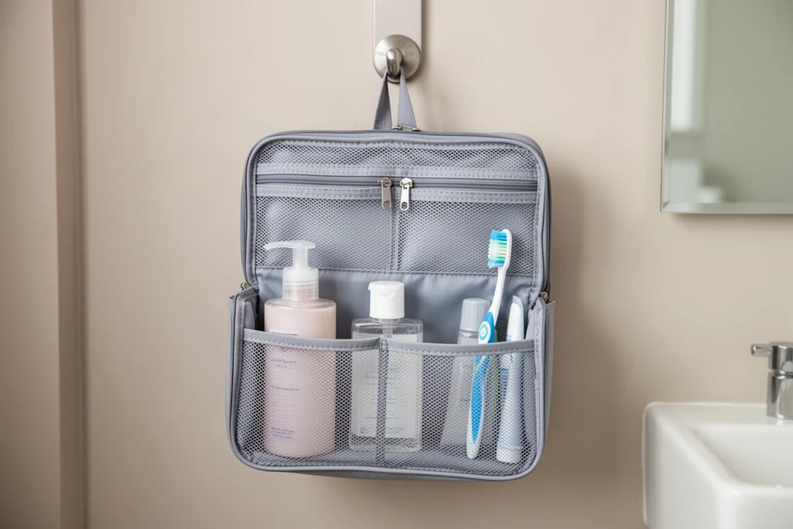 Trousse de toilette suspendue accrochée à un crochet avec poches en mesh ouvertes