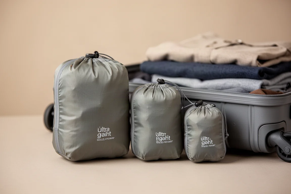 Les deux trousses de toilette remplies et posées à côté d'une valise de voyage