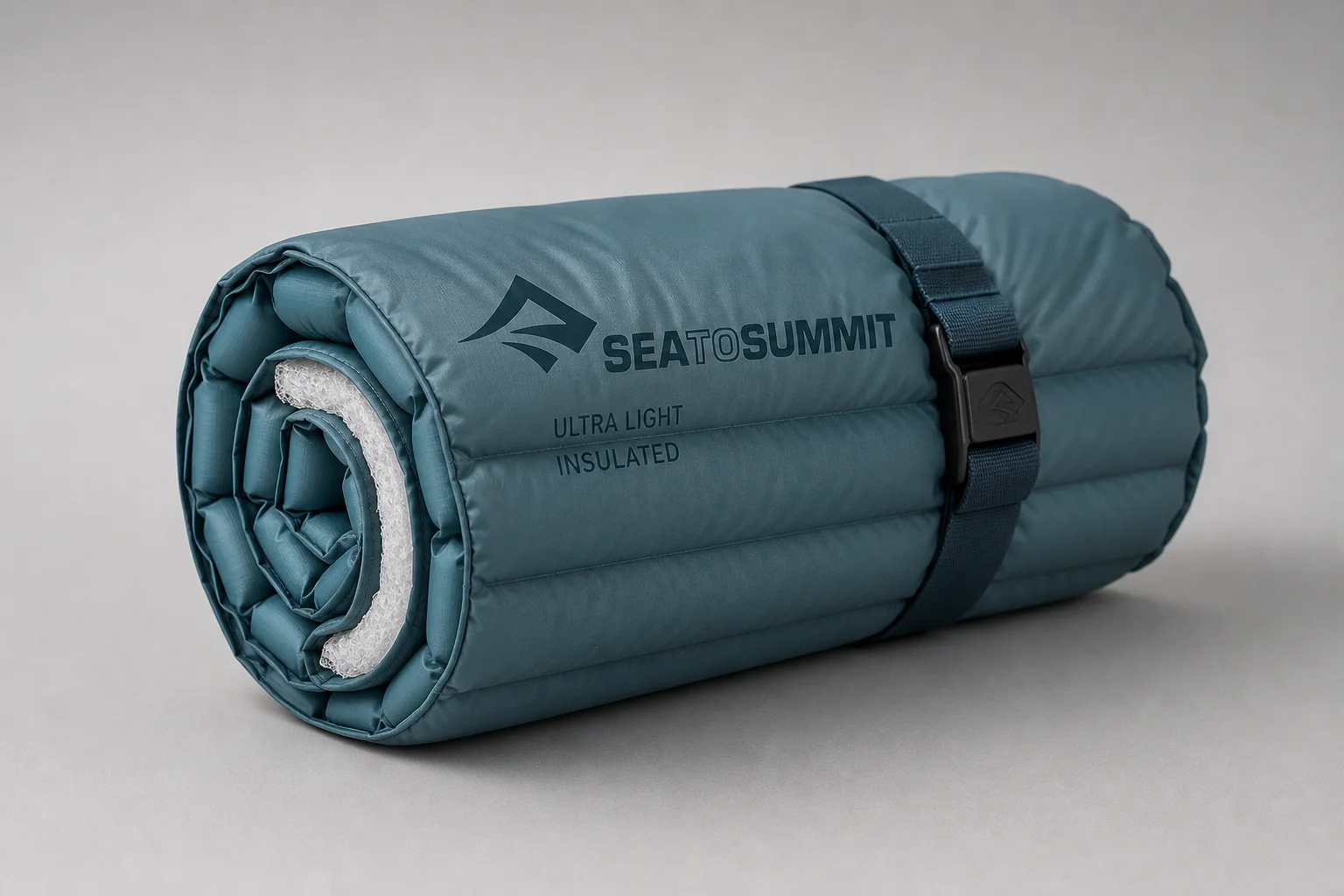 Tre materassini Sea to Summit arrotolati di diverse dimensioni su una superficie in cemento
