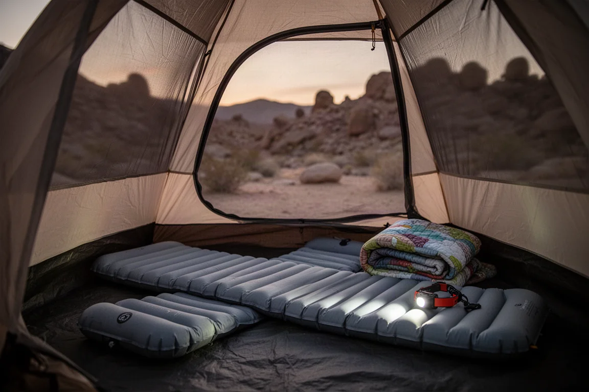 Tent interior at dusk with an inflated tapered sleeping pad and a quilt laid out