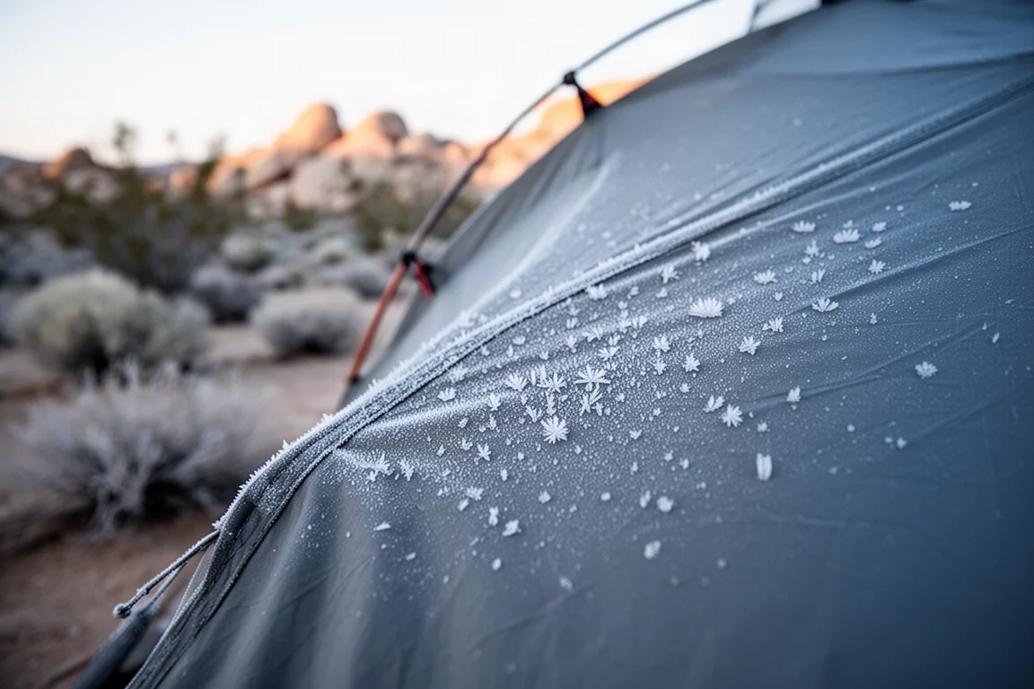 Frost and condensation on a tent wall at dawn above the rolled edge of a sleeping pad