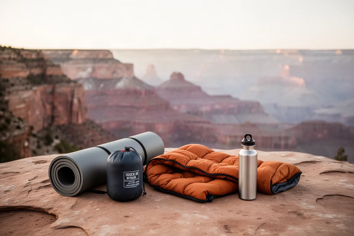 Overhead flat-lay of a backpacking sleep system arranged on a concrete surface