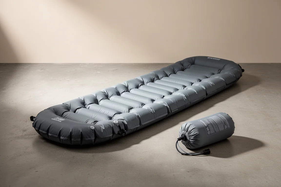 Inflated tapered mummy sleeping pad on a concrete surface with a pump sack beside it