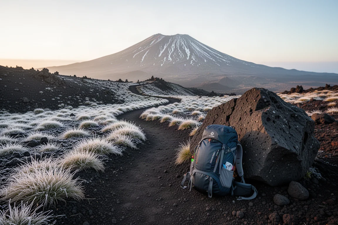 破曉時分的高山步道,草地結霜,遠處有覆蓋薄雪的火山,以及裝滿裝備的背包