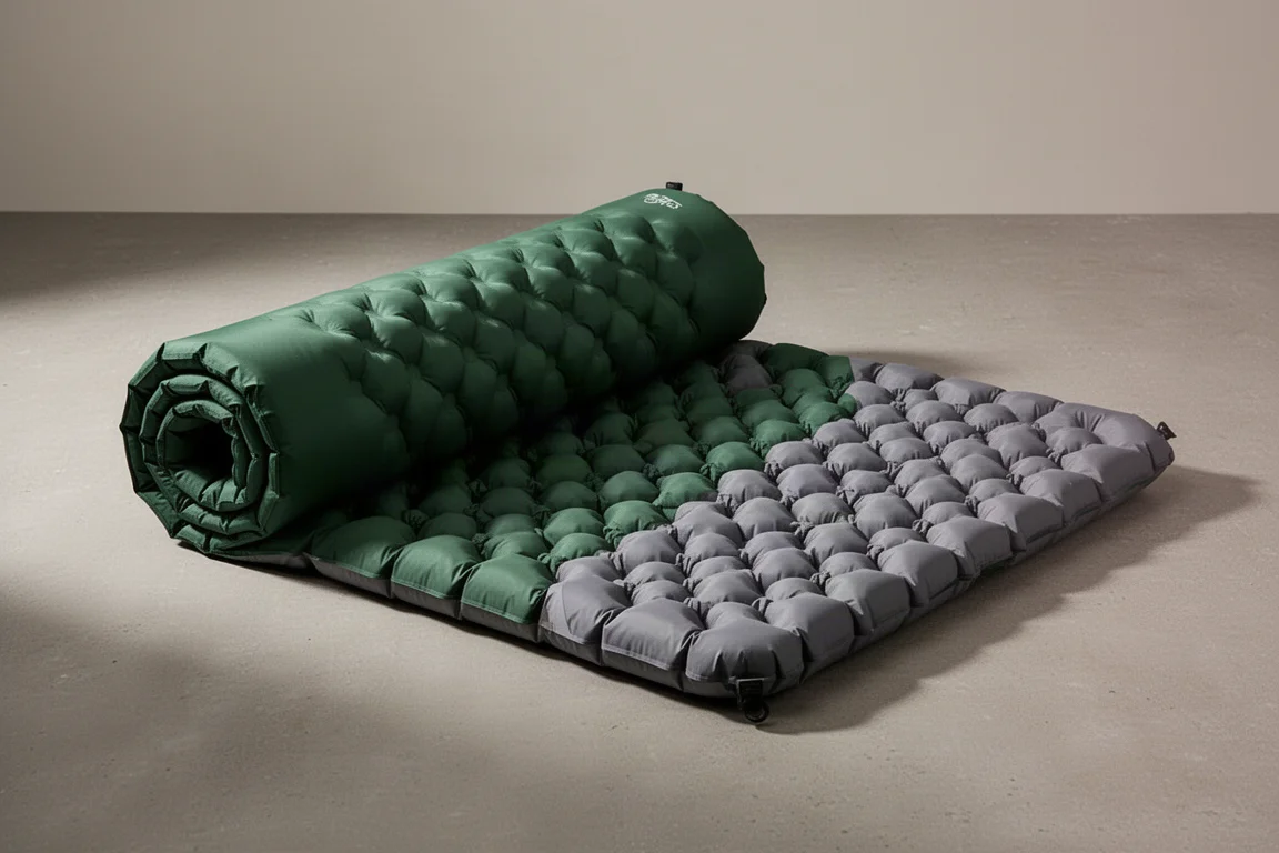 Ultralight inflatable sleeping pad with dimpled air cells, rolled and unrolled on concrete