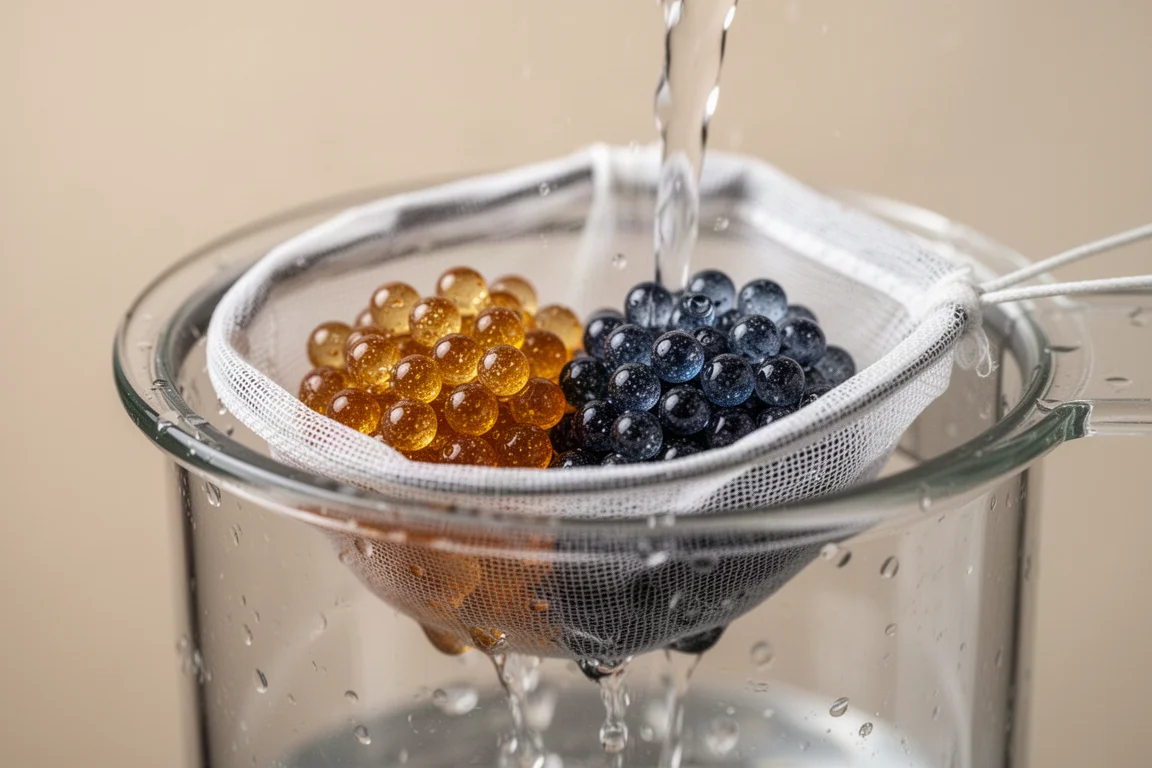 Detalhe aproximado de esferas de resina passando de dourado para um preto azulado profundo