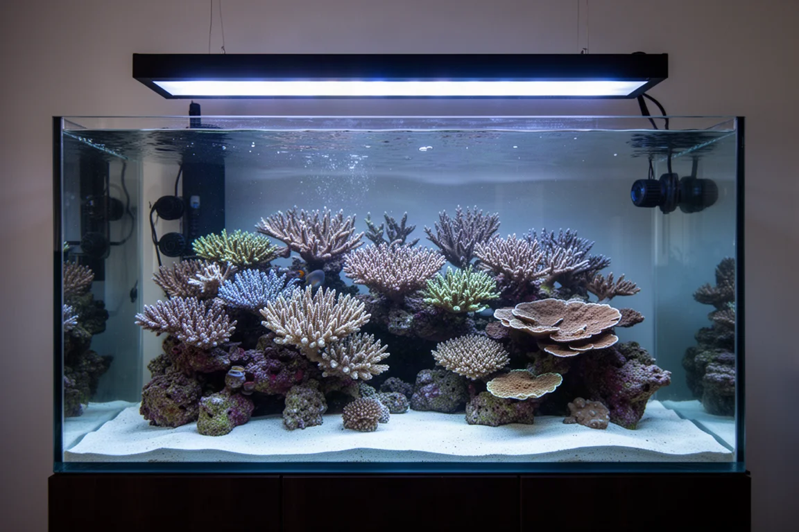 Moget revakvarium tätt befolkat med greniga och plattformande koraller under LED-belysning