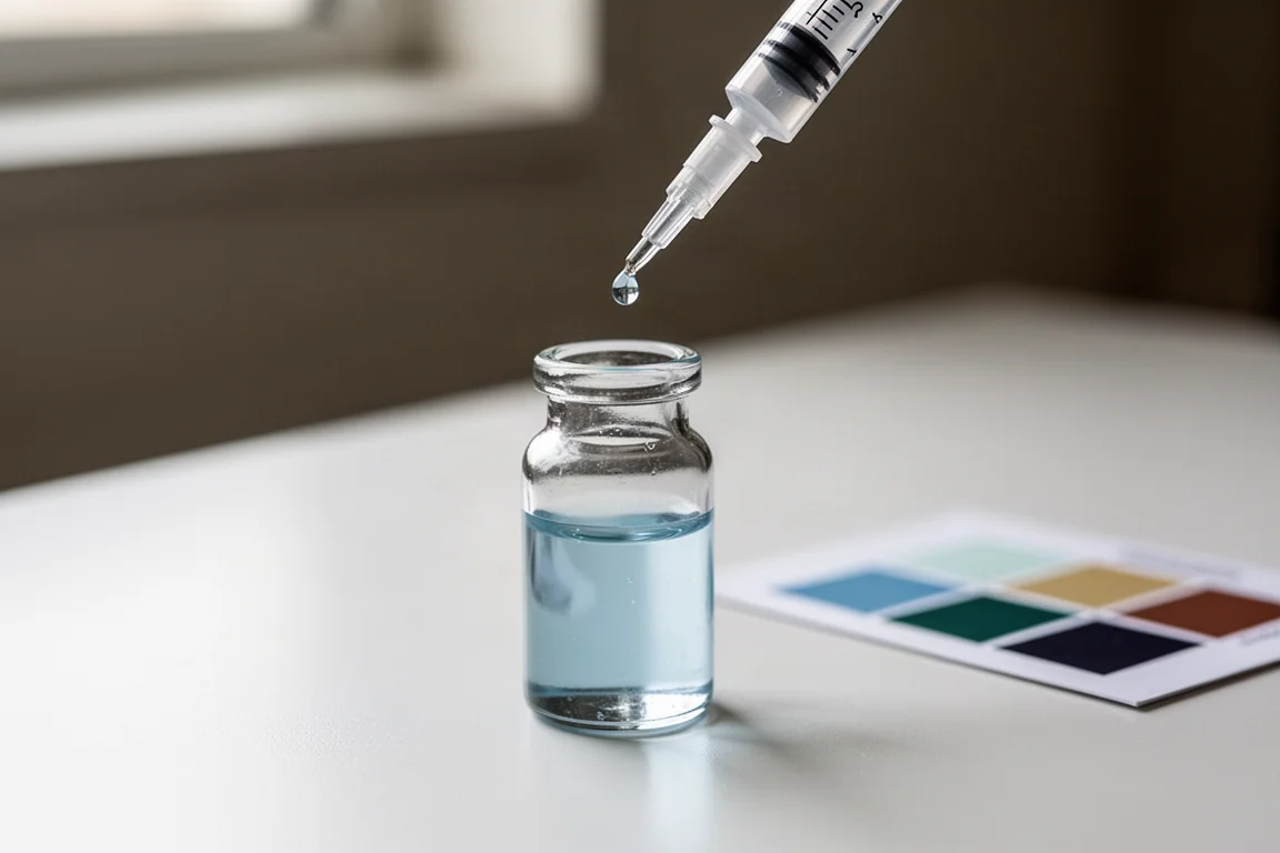 Närbild på en glasvial som tar emot en enda droppe titreringslösning