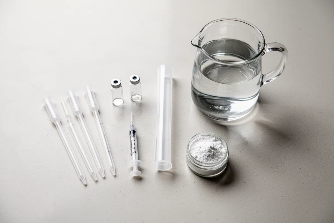Platt uppställning av en vattenteststation med pipetter, vialer och en kanna renat vatten