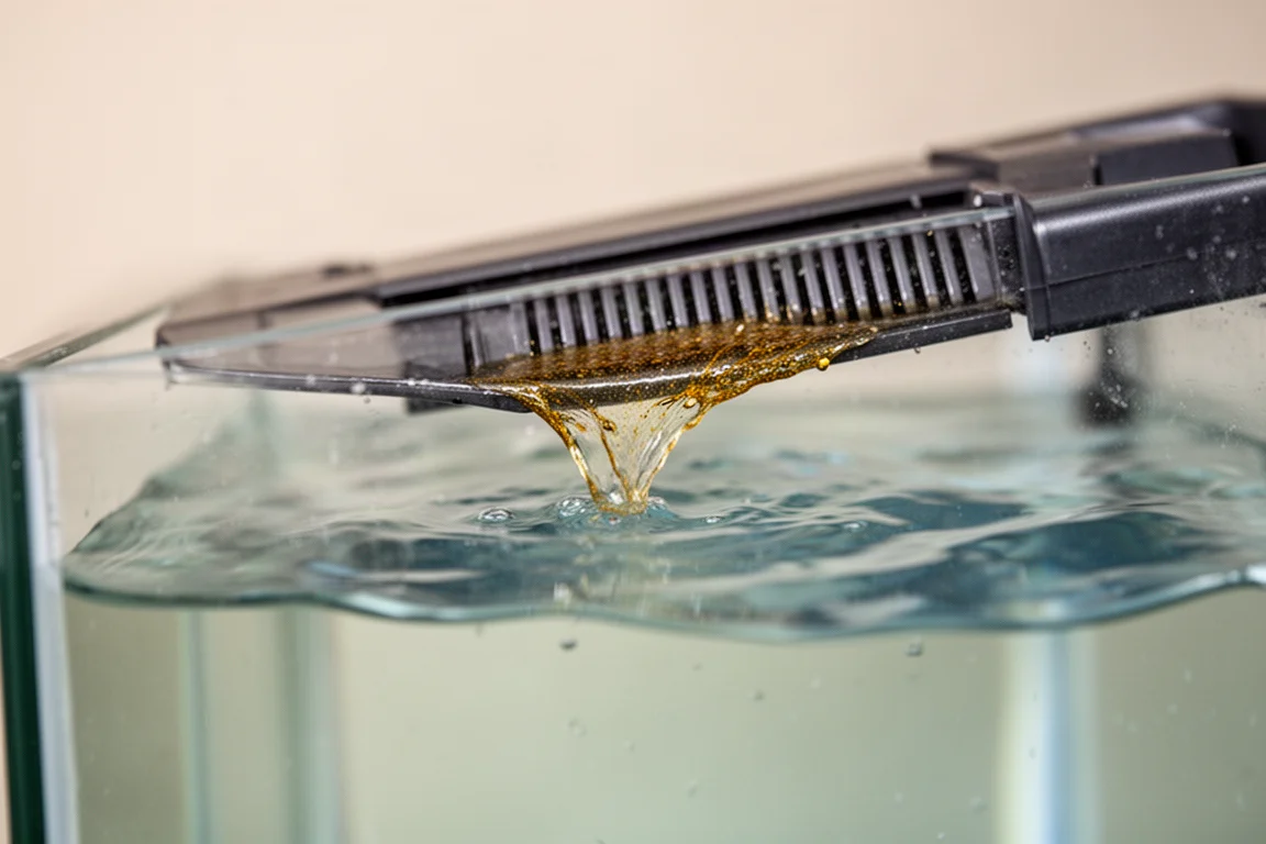 Close-up of aquarium surface film being drawn into a skimmer intake slot