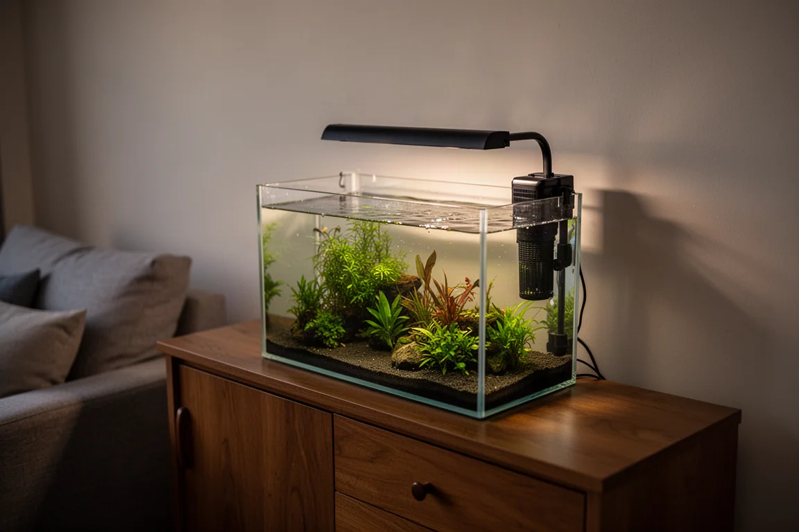 Small planted aquarium with a hang-on filter in a calm living room at dusk