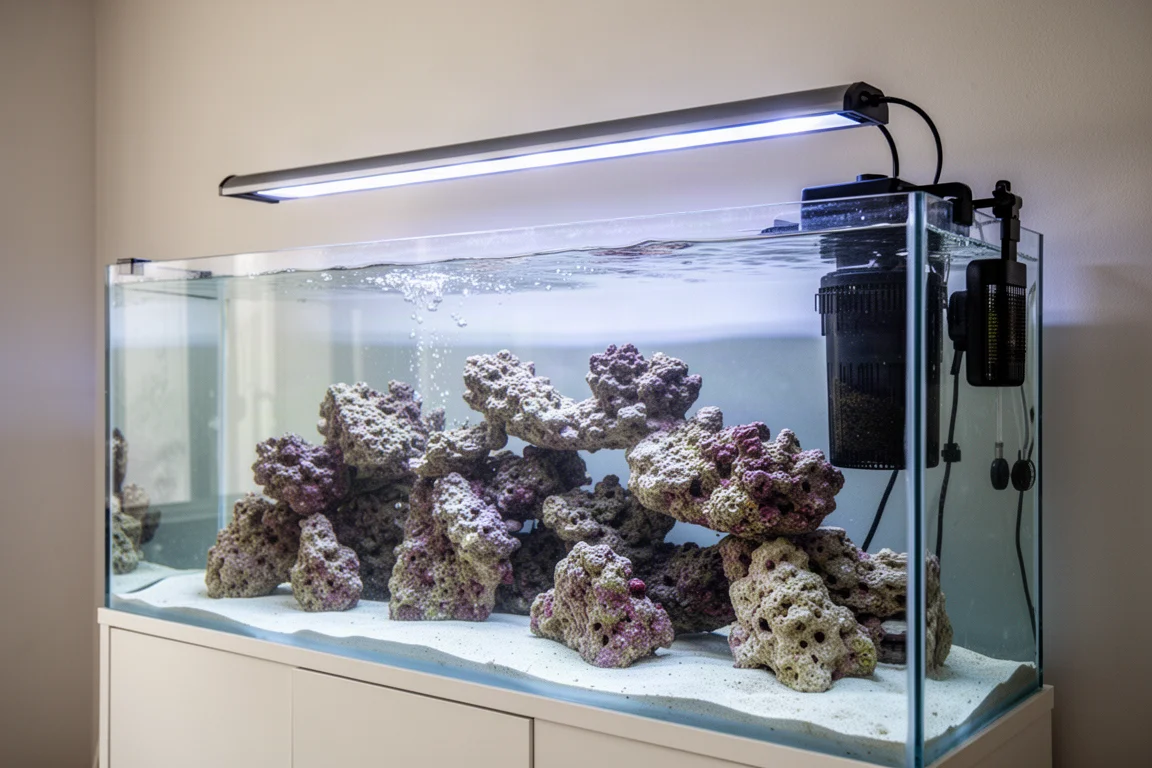 Large reef aquarium in a bright room with a hang-on filter on the rear rim
