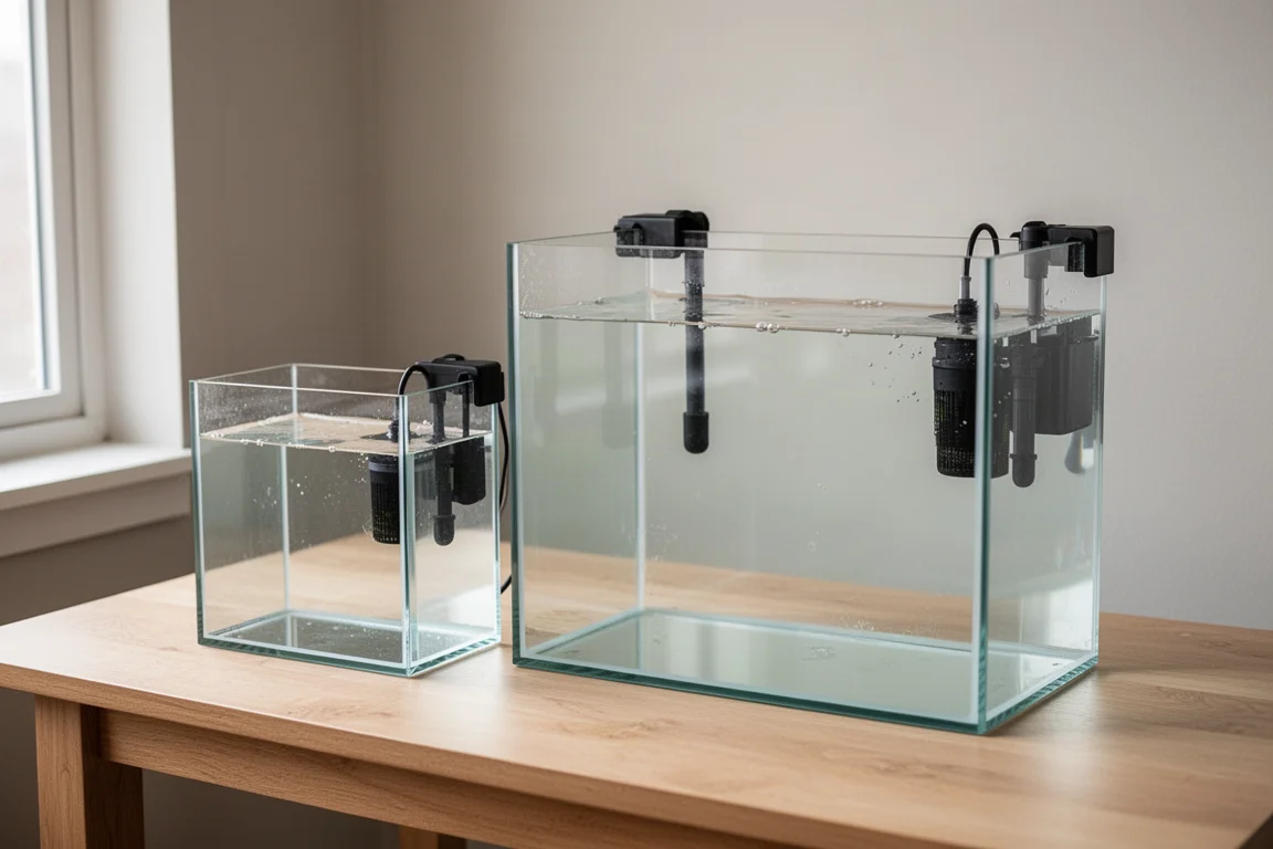 Two rimless aquariums of different sizes side by side, each with a hang-on filter