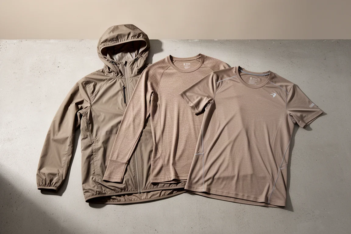 Seadon windbreaker jacket, merino long sleeve and running tee arranged on concrete