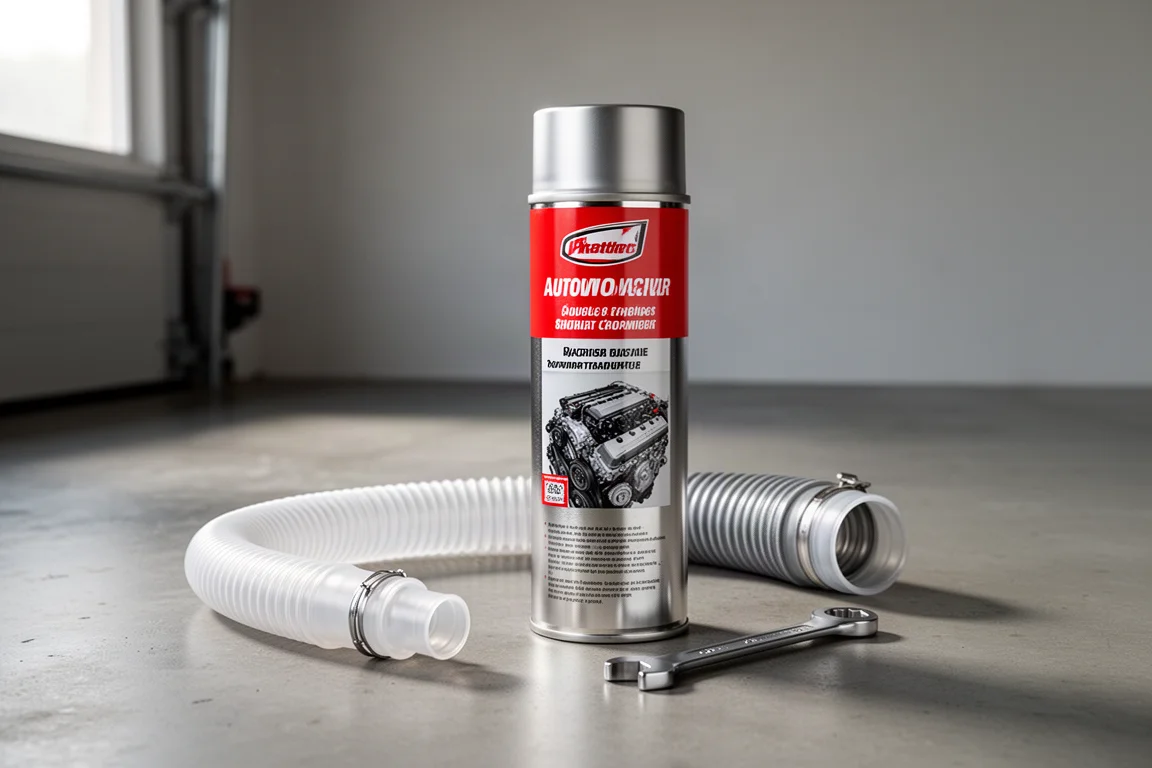 Can of engine cleaner with intake hose and wrench on a garage floor