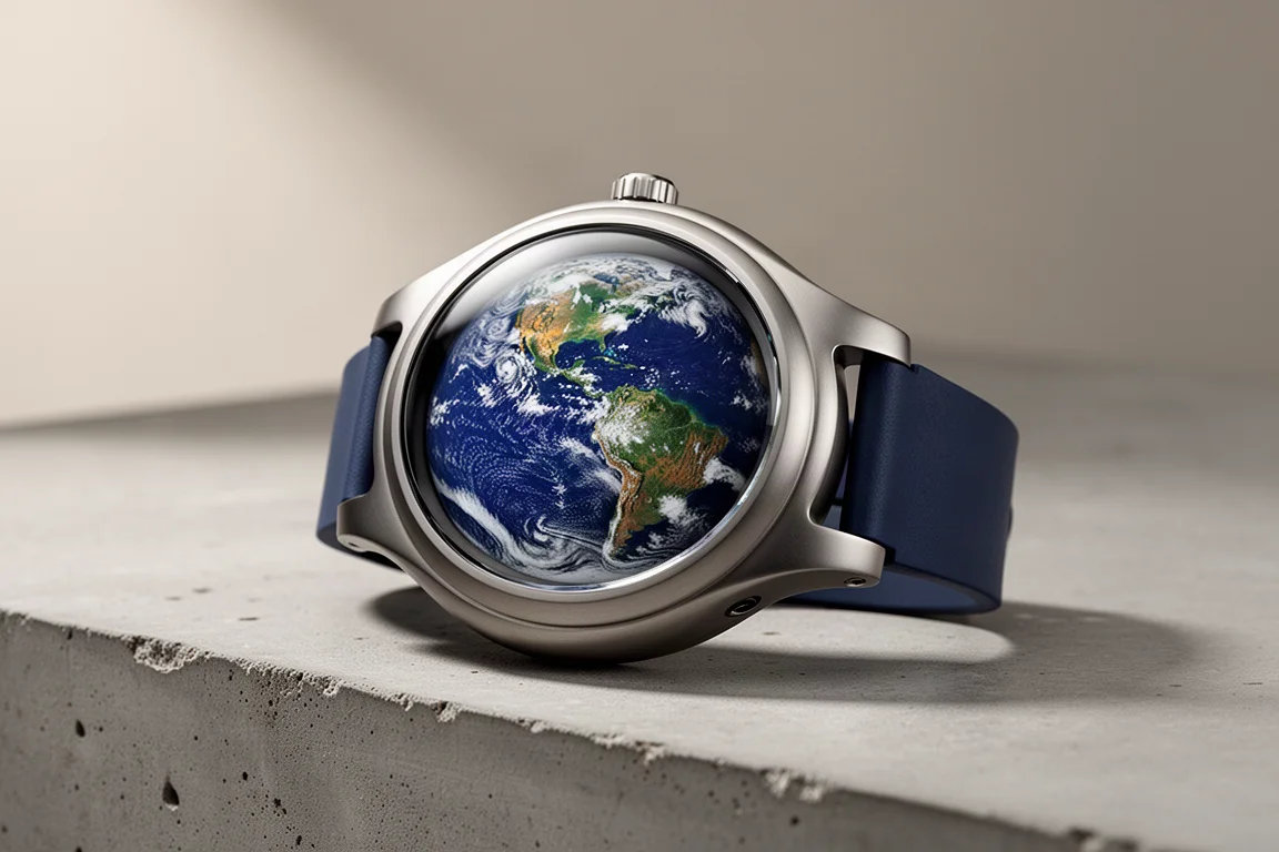Large rounded titanium mechanical watch with a micro-carved Earth dial on a concrete surface