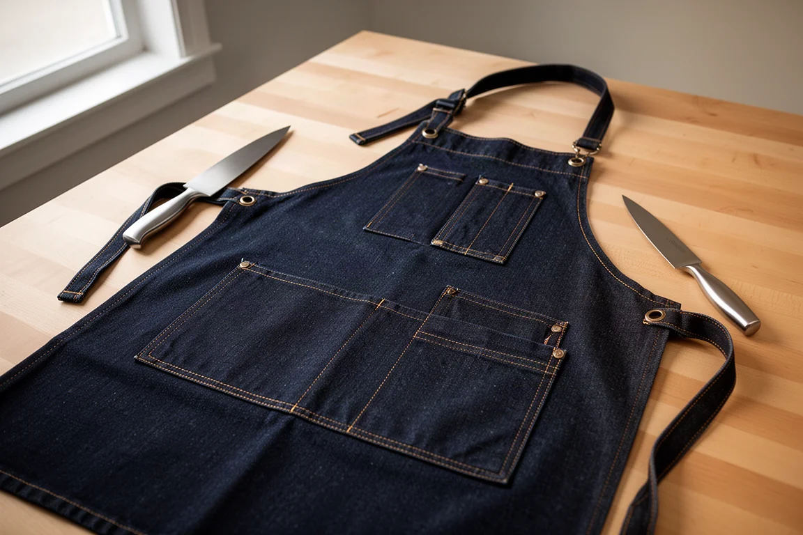 Dark denim apron with contrast stitching and multiple pockets on a wooden worktop