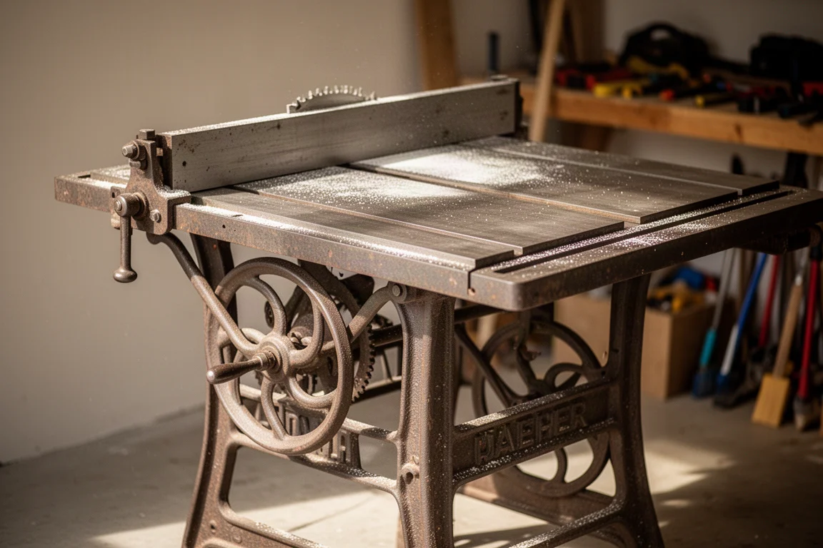 Vintage table saw wheeled out of a garage storage spot, dusty but intact