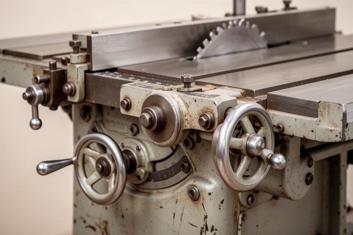 Close-up of solid metal table saw housing and adjustment mechanisms