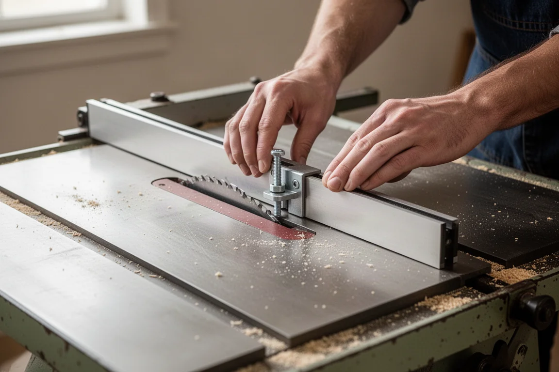 Rip fence being adjusted on a table saw work surface