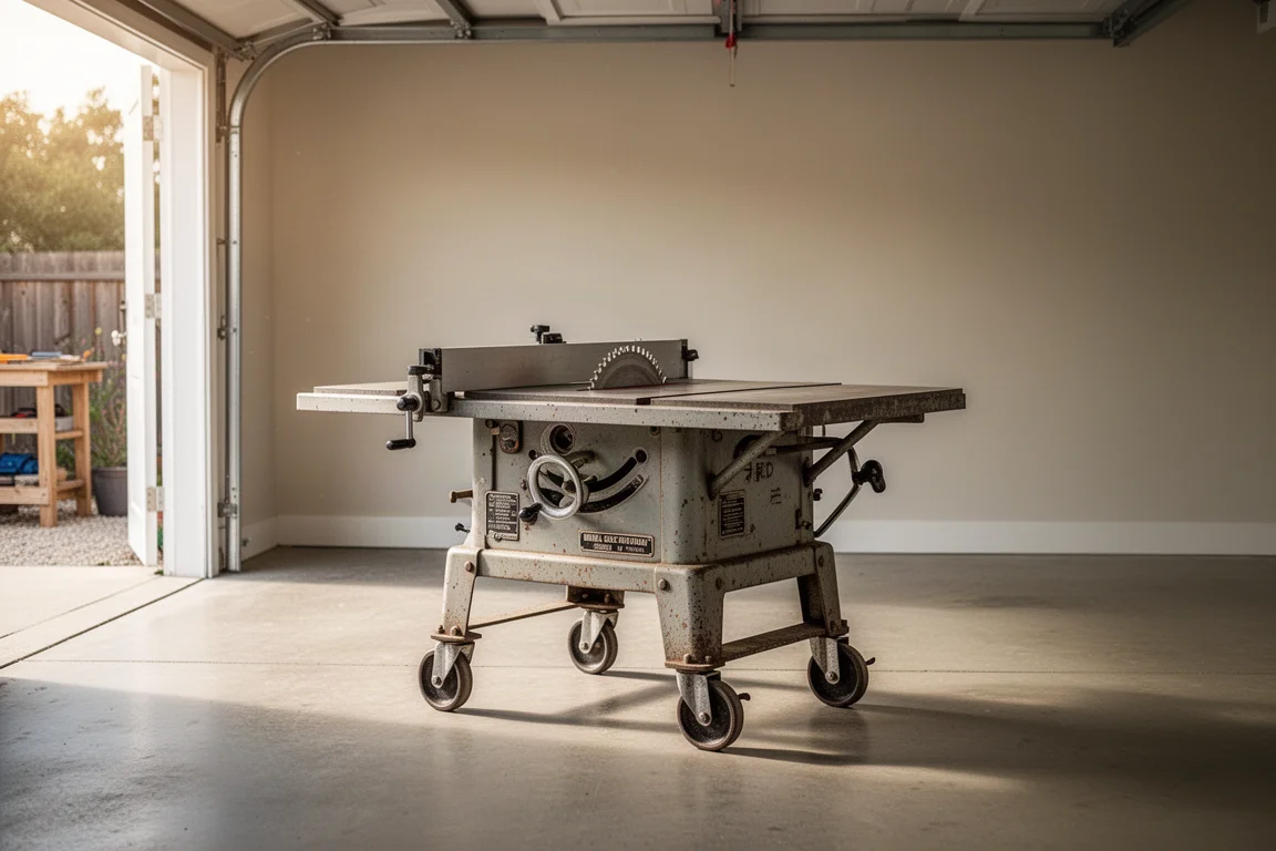 Table saw with casters parked on a garage floor in soft afternoon light