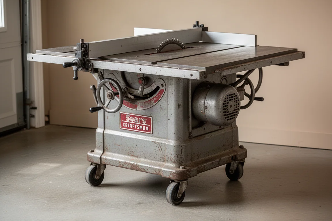 Vintage Sears Craftsman 10-inch table saw in a home garage