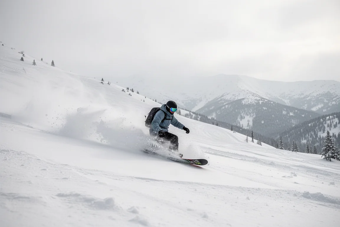 Snowboarder riding through deep dry powder on an open mountain slope