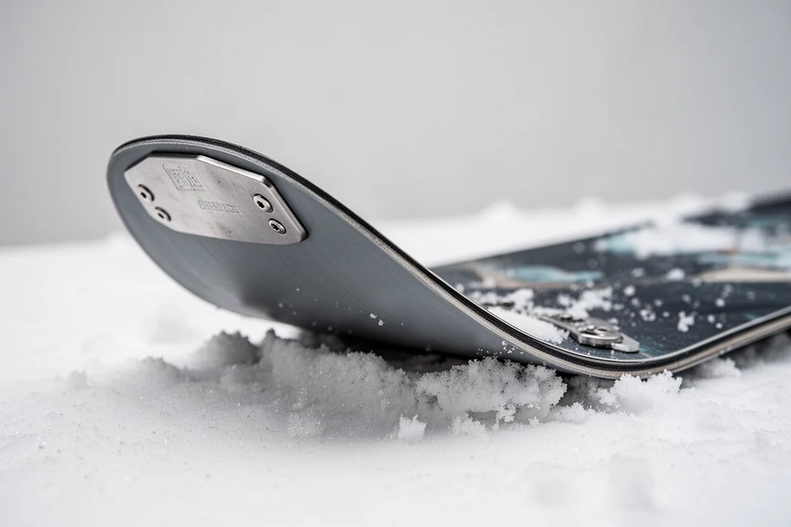 Close-up of a snowboard tail with a steel skid plate resting on snow