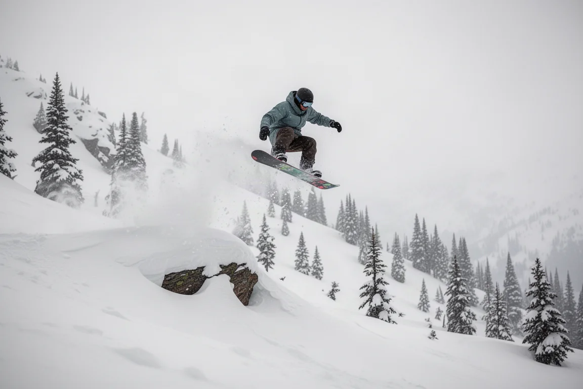 Snowboarder boosting off a natural powder feature in the backcountry