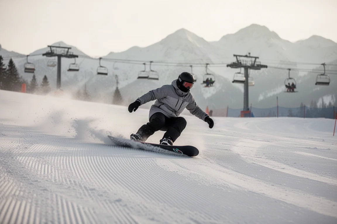 Snowboarder carving fast down a groomed resort run at speed