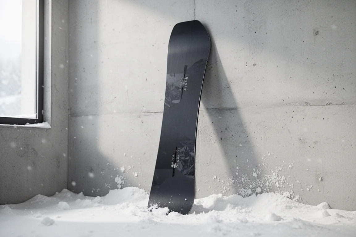 Season Aero directional freeride snowboard leaning against a pale wall with powder snow at its base